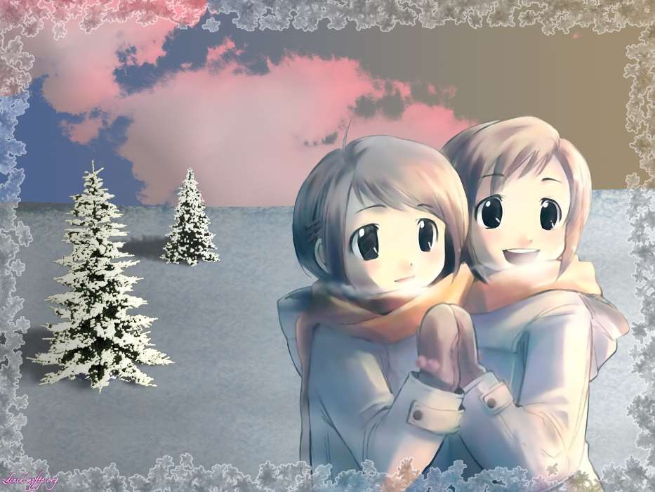 Download Mobile Wallpaper Anime, Winter, Children For - Anime Girl With Black Hair - HD Wallpaper 