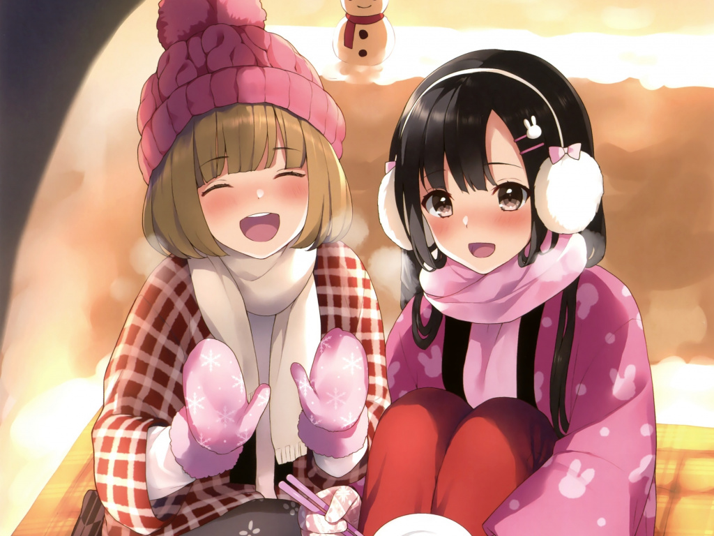 Winter, Cute Anime Girls, Friends Wallpaper - Cute Girl Anime Friends -  1024x768 Wallpaper 