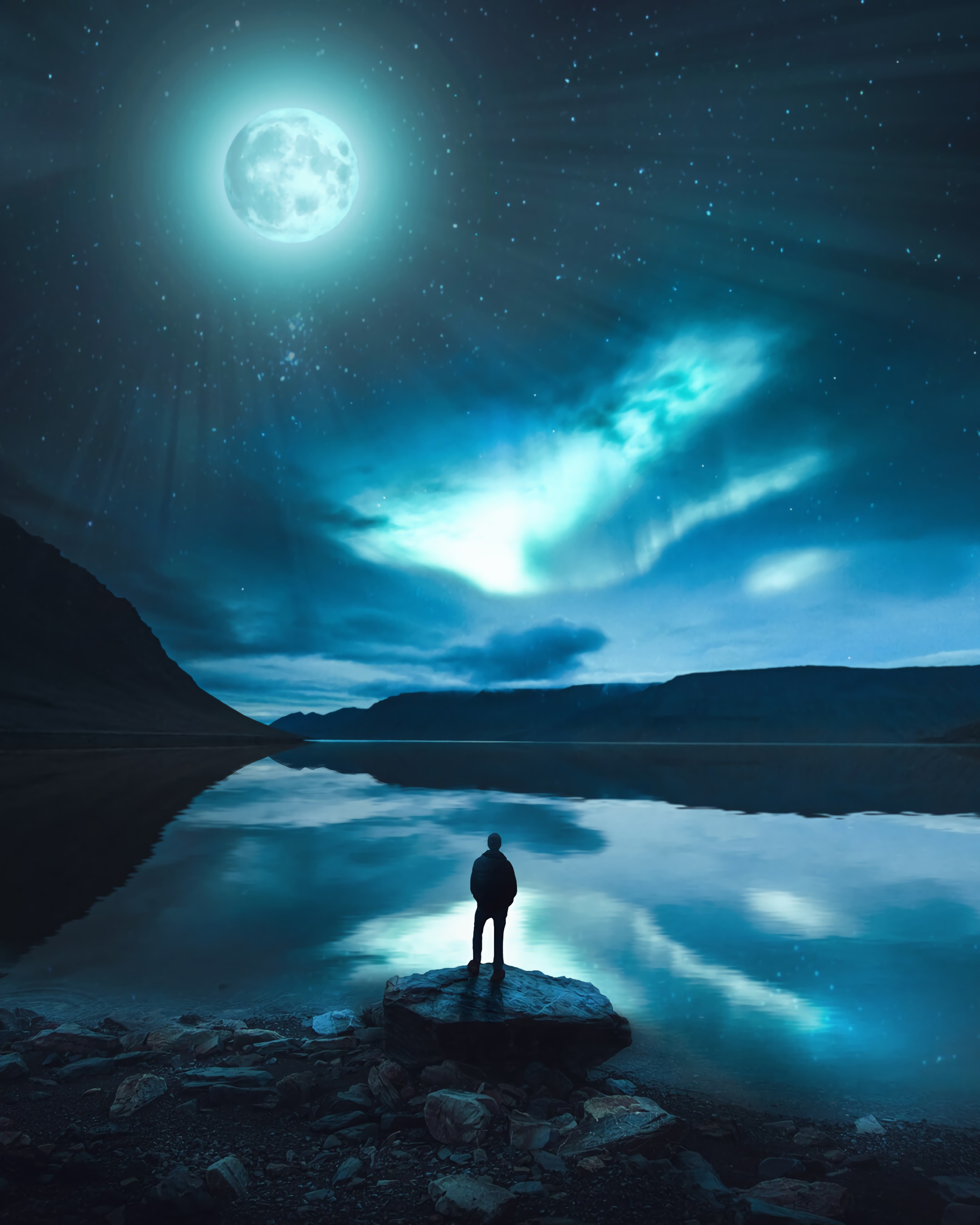 Wallpaper Silhouette, Lake, Night, Loneliness, Moon, - Night Moonlight - HD Wallpaper 