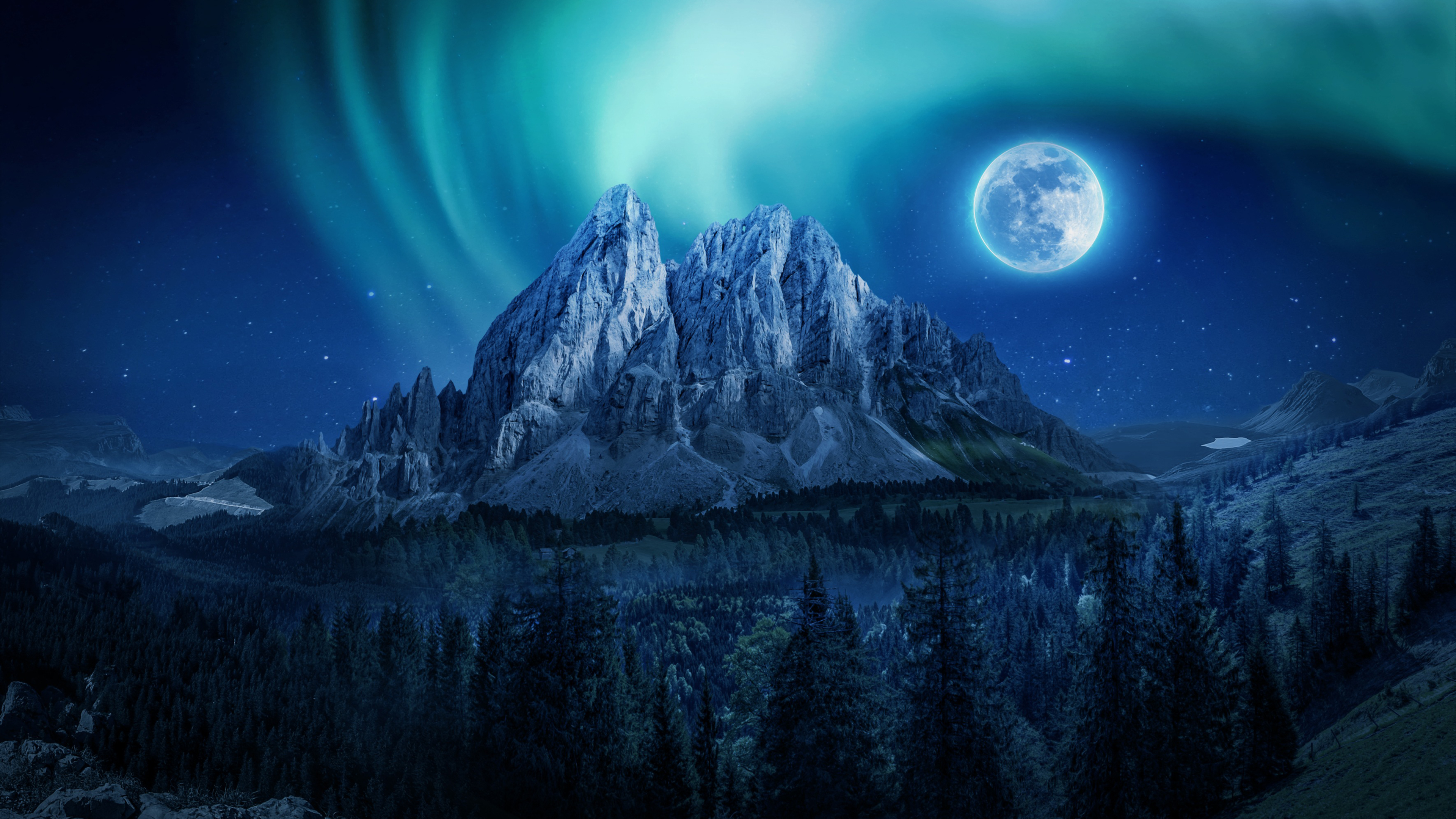 Mountain Moon Nightscape 4k - Mountain Aurora Borealis - HD Wallpaper 