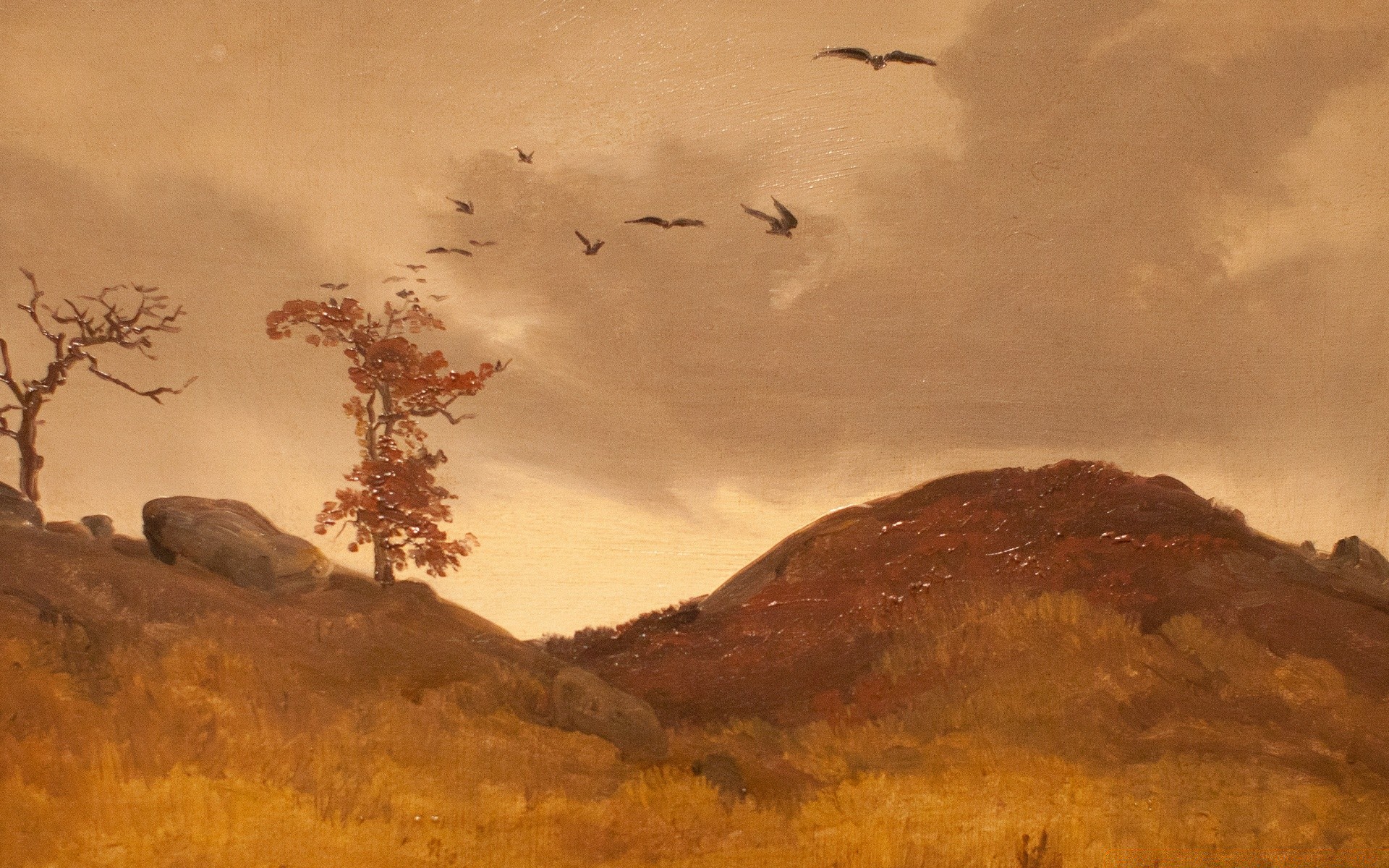 Drawings Landscape Daylight Mountain Sunset Desert - Landscape With Crows - HD Wallpaper 