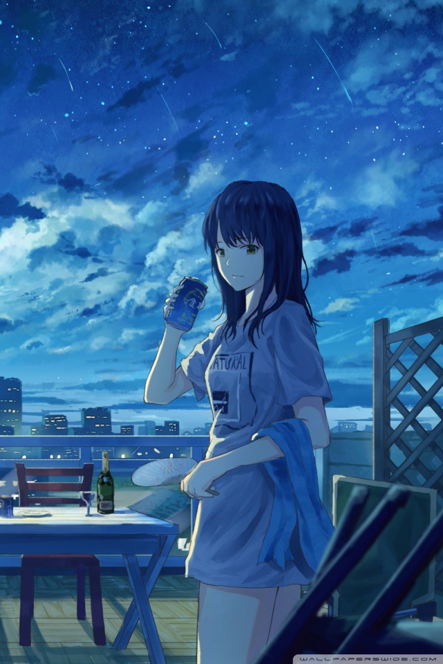 Blue Night Anime Wallpaper Girl - HD Wallpaper 