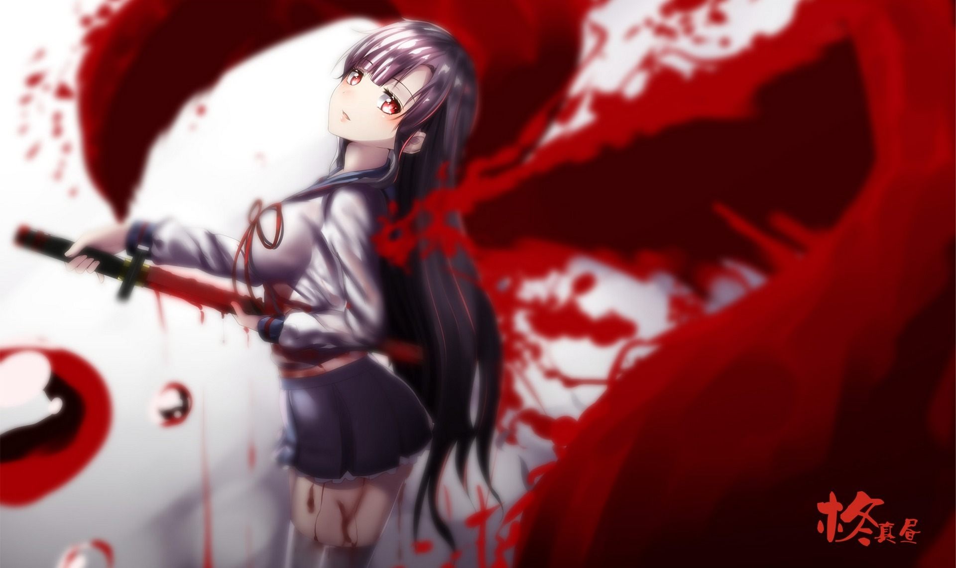 Anime Girl Katana Blood - HD Wallpaper 