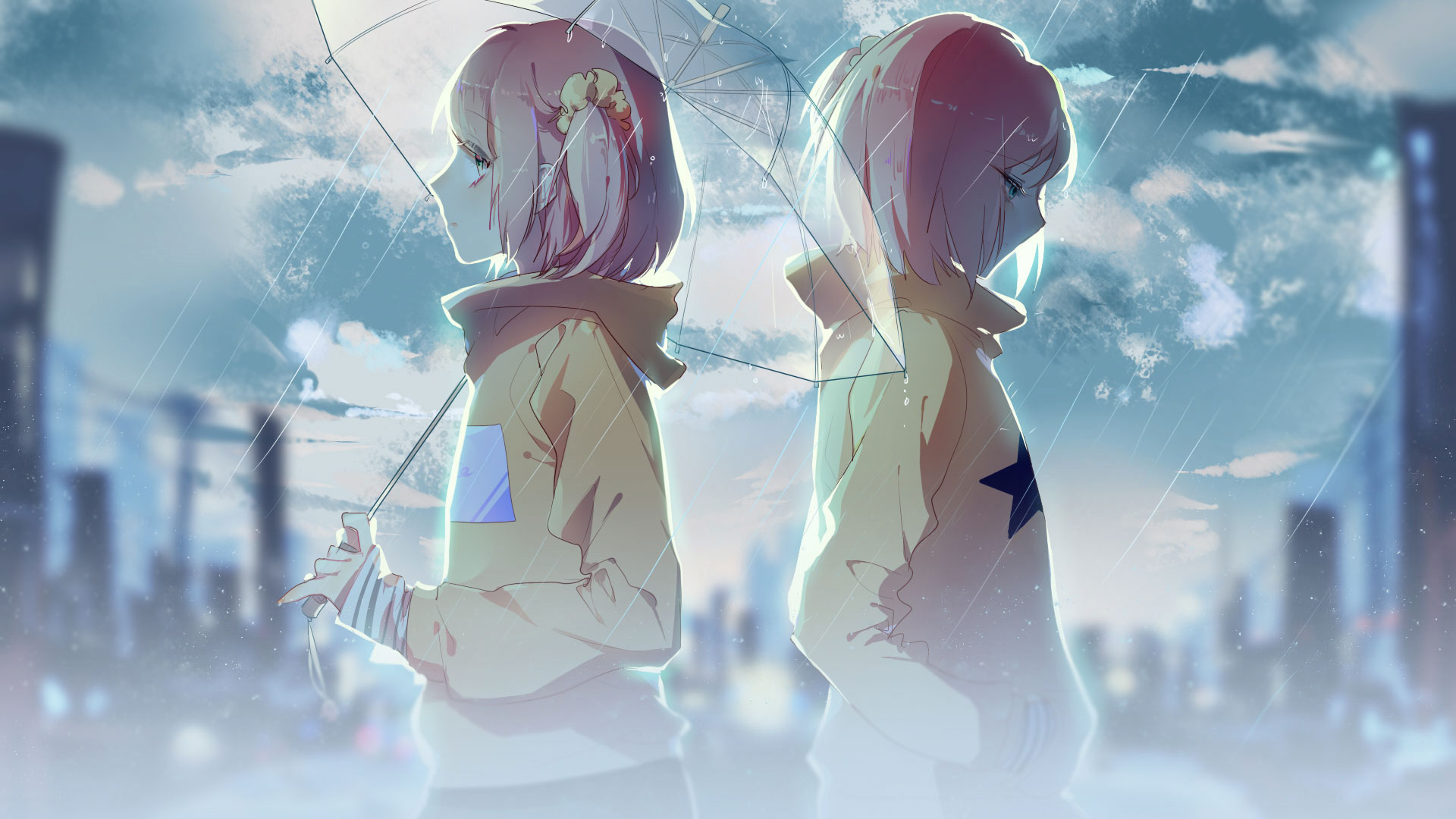 Anime Girls Back At Back - HD Wallpaper 
