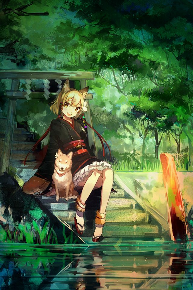 Girl And Dog Green Nature Anime Art Iphone Wallpaper - HD Wallpaper 