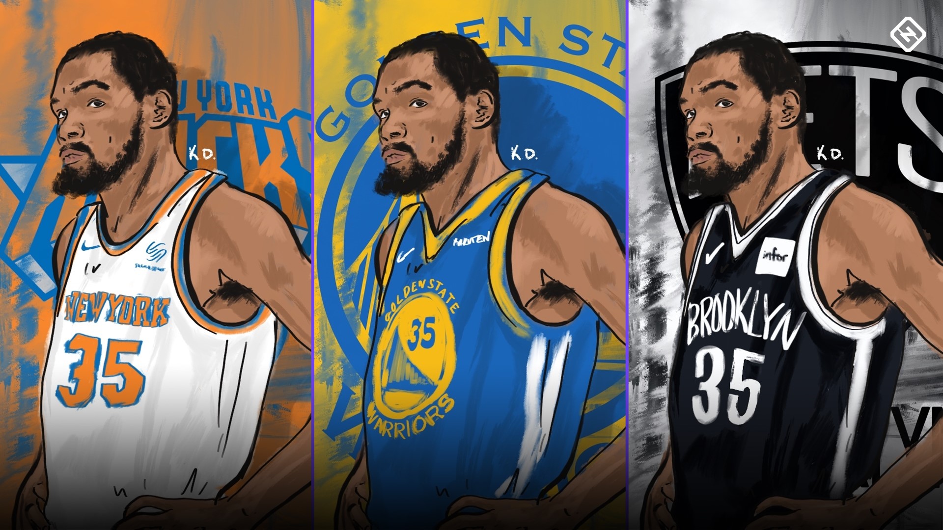 Kevin Durant Split Knicks Warriors Nets Ftr - Kevin Durant And Kyrie Irving Nets - HD Wallpaper 