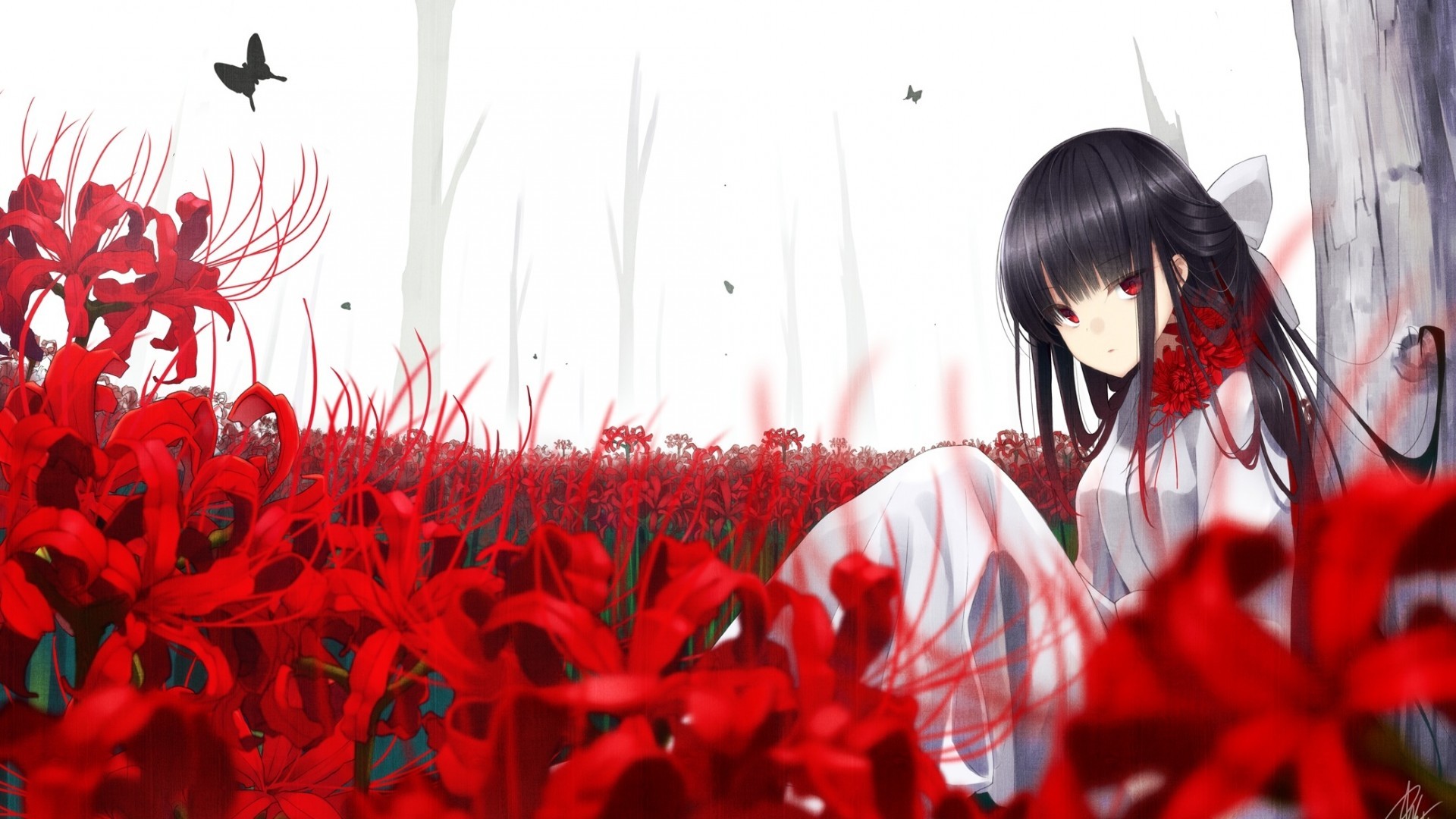 Red Eyes, Anime Girl, Butterfly, Flowers, Black Hair, - Red And Black Anime - HD Wallpaper 