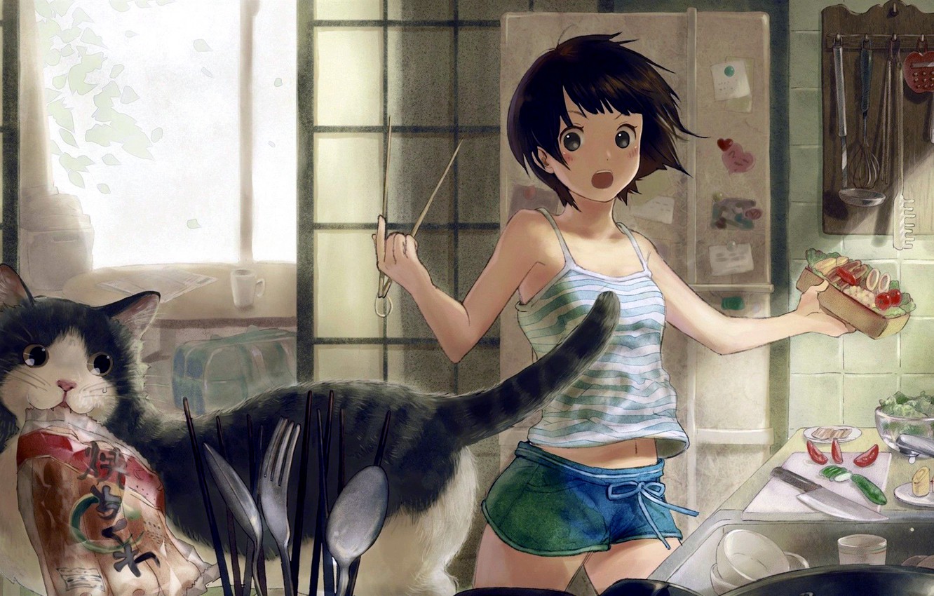 Photo Wallpaper Girl, Shorts, Anime, Food, Cat, Short - Anime Girl With Pets - HD Wallpaper 