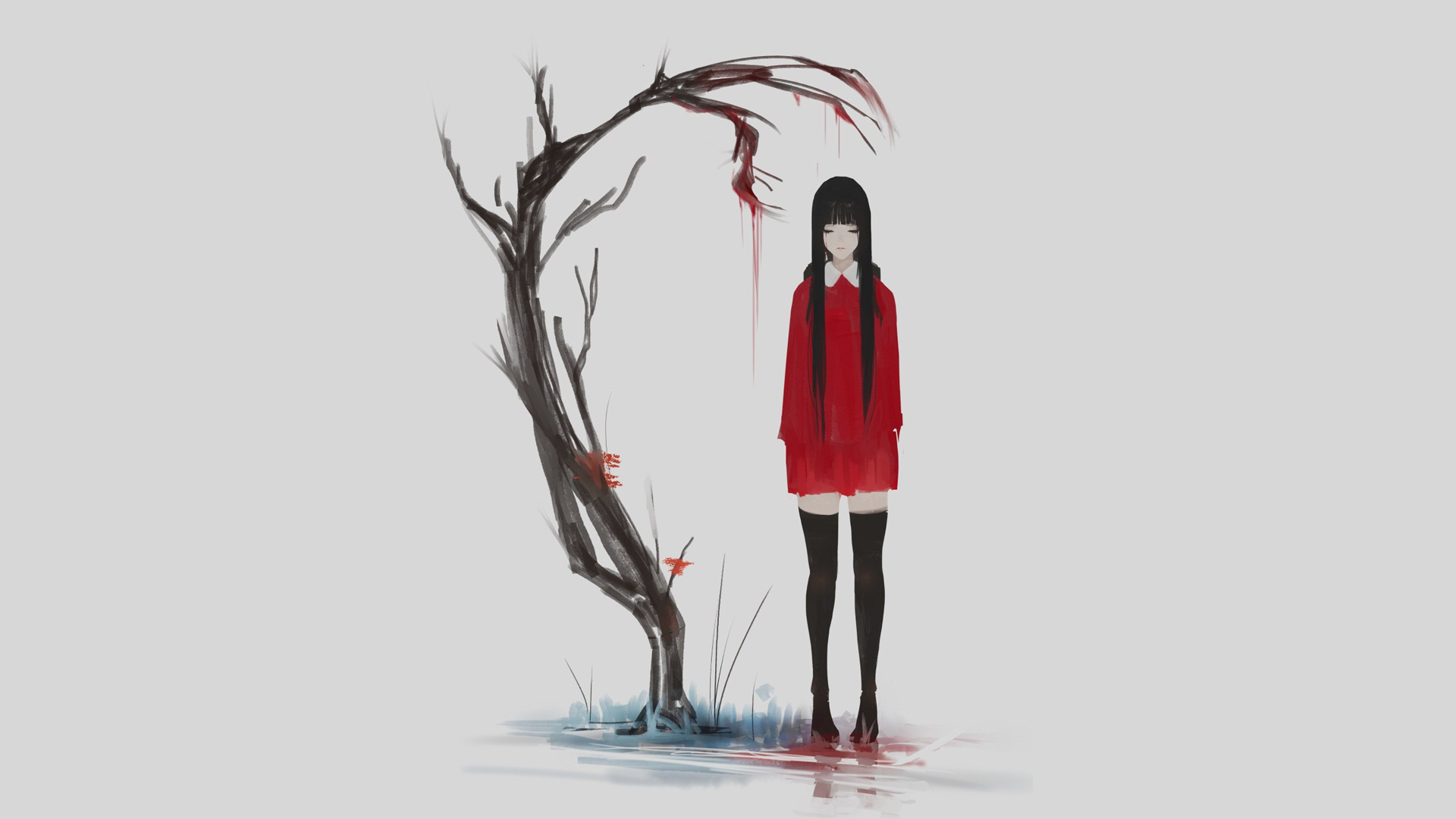 Lonely Anime Girl Black Hair - HD Wallpaper 