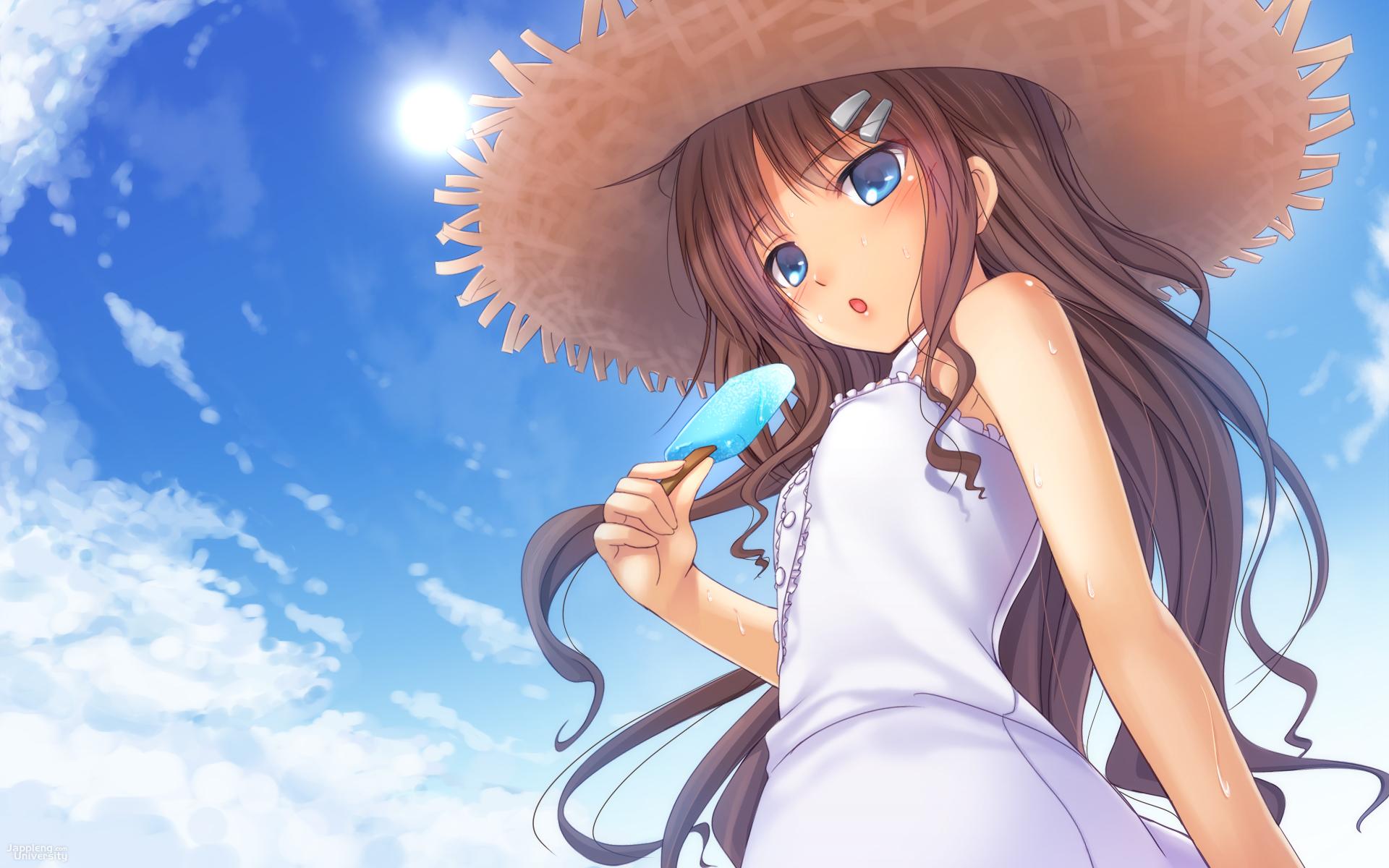 Curly Brown Hair Blue Eyes Anime Girl - HD Wallpaper 