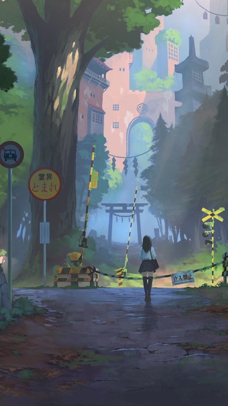 Anime Girl, Scenic, Nature, Fantasy World, Walking, - Anime Nature Wallpaper  Iphone - 750x1334 Wallpaper 