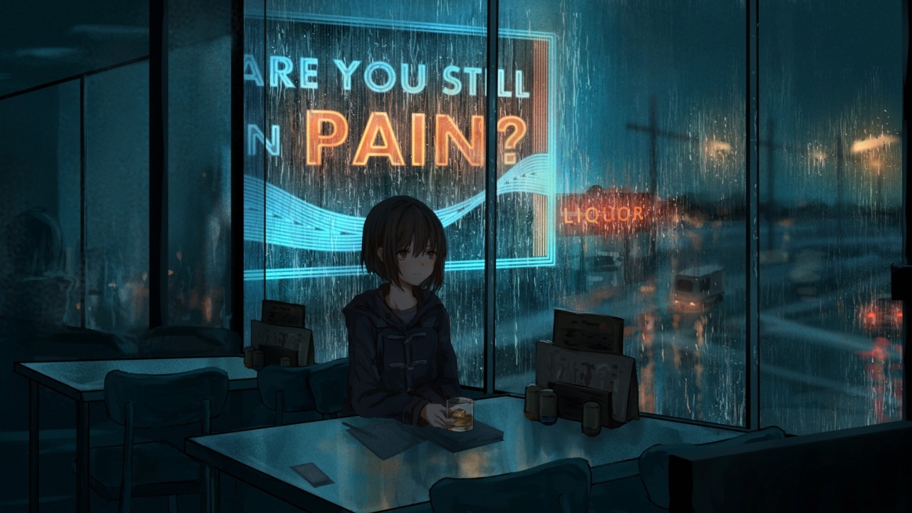 Anime Girl, Raining, Are You Still In Pain, Board Ad, - Not So Happy Hour -  1280x720 Wallpaper 