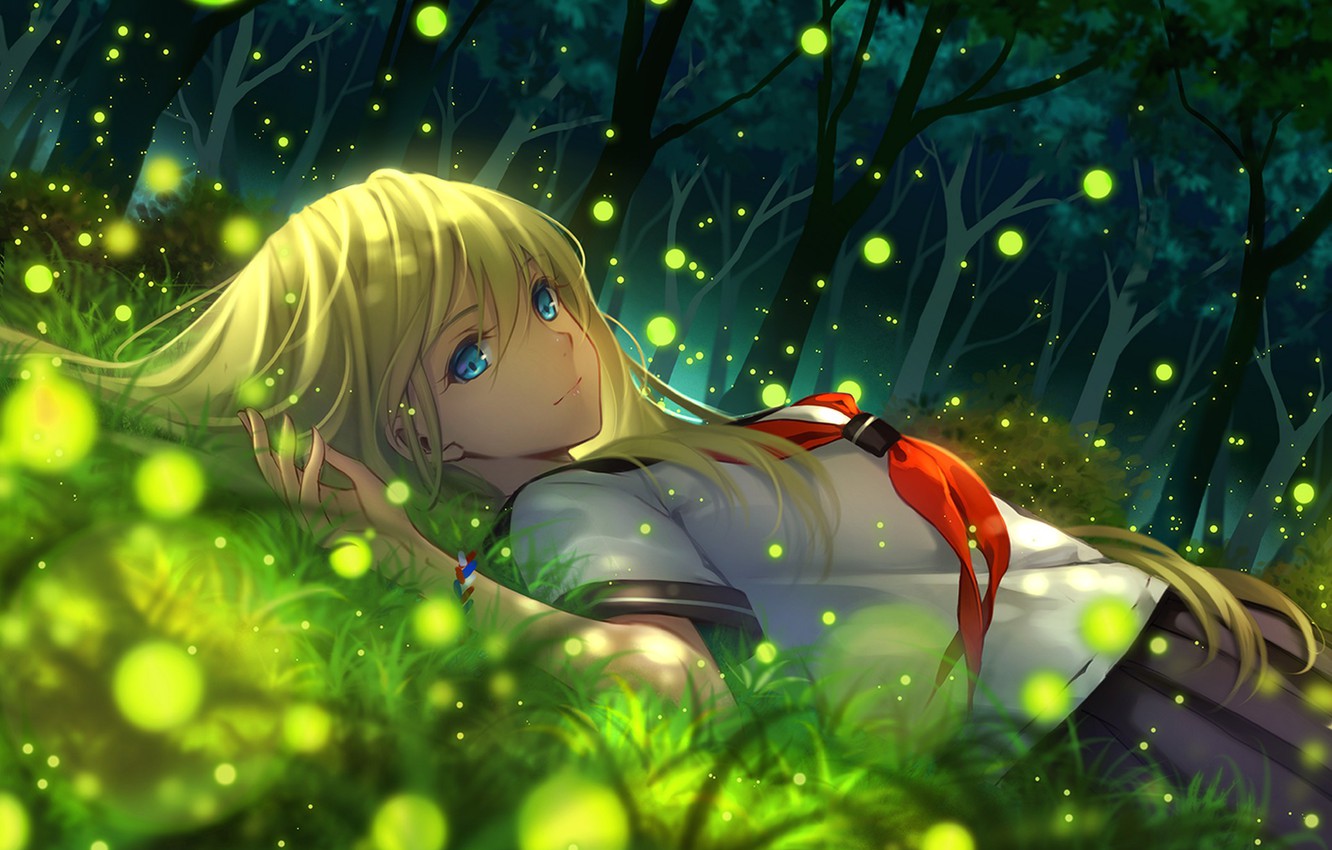 Photo Wallpaper Girl, Trees, Nature, Smile, Fireflies, - Những Ảnh Anime - HD Wallpaper 