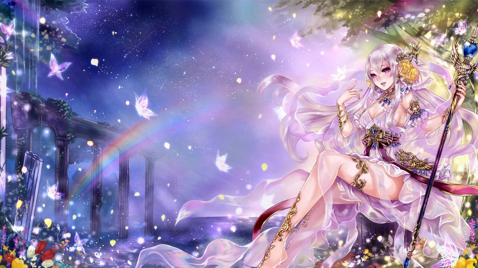 Anime Girl, Fantasy, Butterflies, Staff, Magic, Landscape, - Nature Magical Anime Girl - HD Wallpaper 