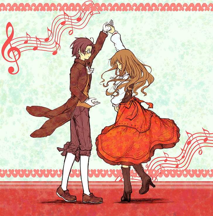 Anime, Couple, Cute, Dance, Music, Notes, Hd Wallpaper - Cute Anime Couple Dance - HD Wallpaper 