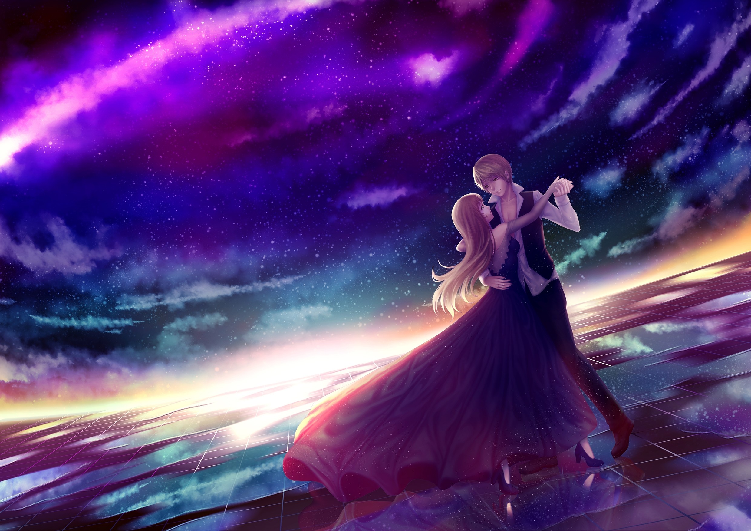 Anime Couple, Dancing, Stars, Sky, Romance, Dress 
 - Love Romantic Anime Couple - HD Wallpaper 