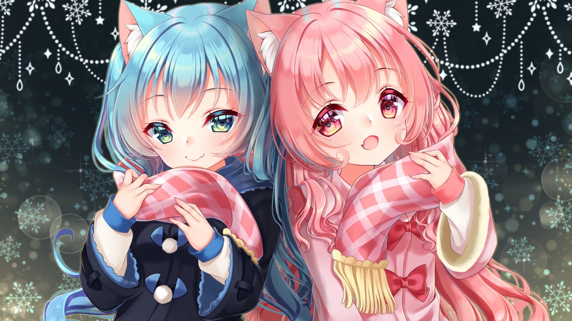 Anime Girls, Loli, Pink And Blue Hair, Animal Ears, - Cute Pink And Blue Anime Girls - HD Wallpaper 