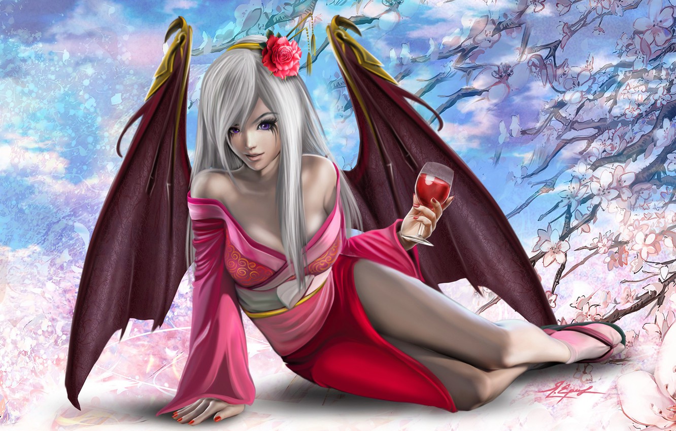 Photo Wallpaper Girl, Flowers, Wine, Glass, Wings, - Вино Арт Аниме - HD Wallpaper 
