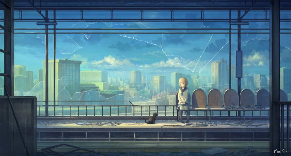 Anime Landscape, Train Station, Kitten, Broken Glass, - Broken Glass Anime Girl - HD Wallpaper 