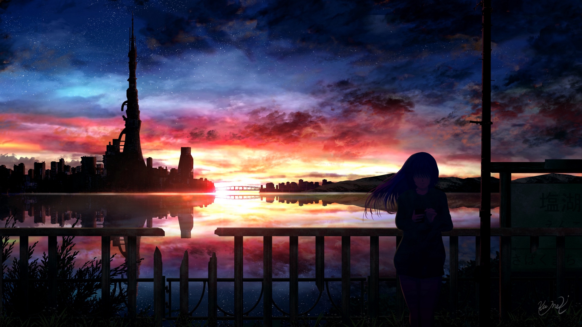 Wallpaper Silhouette, Night, Starry Sky, Girl, Anime - Anime Sunset Hd Background - HD Wallpaper 