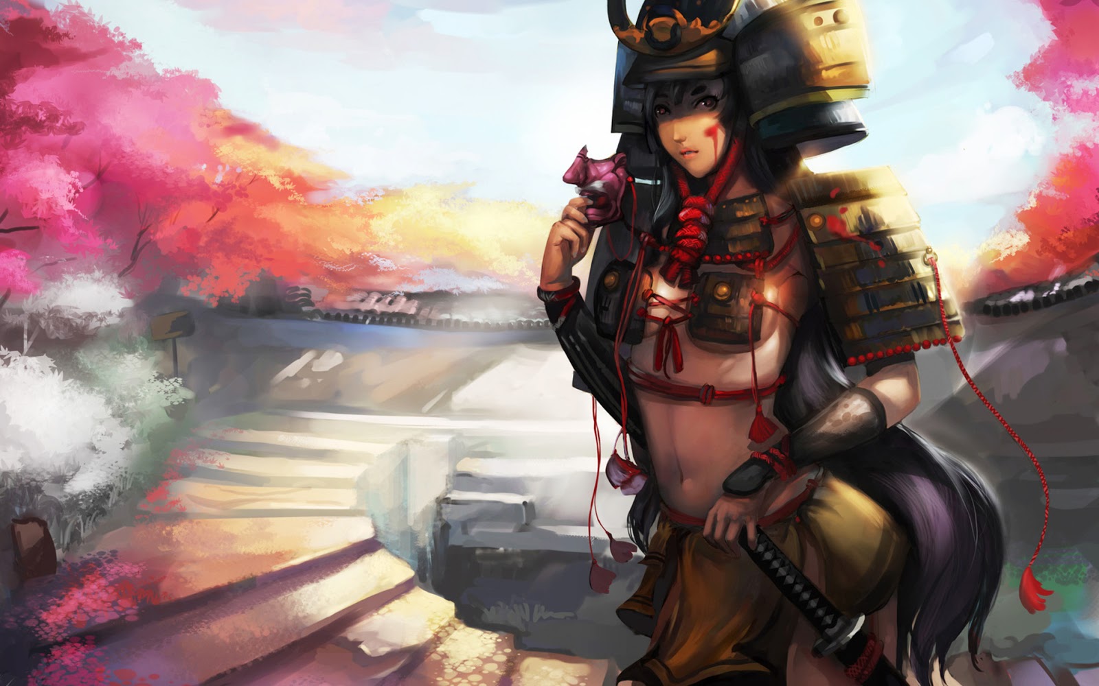 Samurai Armor Girl Female Anime Hd Wallpaper Desktop - Anime Samurai Wallpaper Hd - HD Wallpaper 