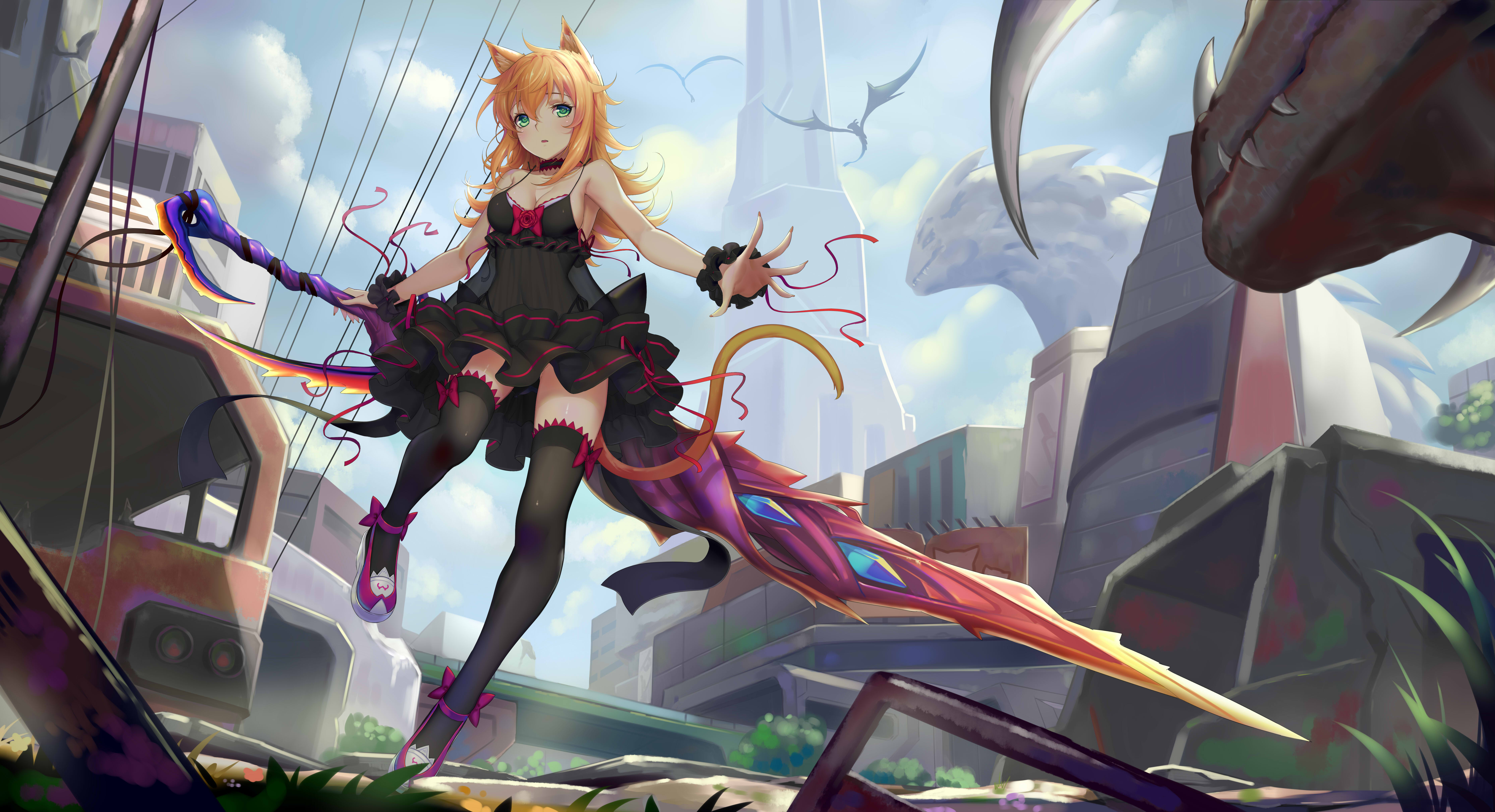 Anime Cat Girl With Sword - HD Wallpaper 