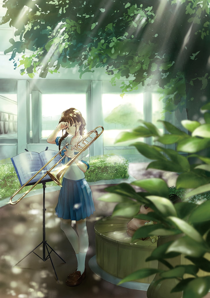 Anime Girl, Trumpet, School, Sunbeam, Tree, Summer, - HD Wallpaper 