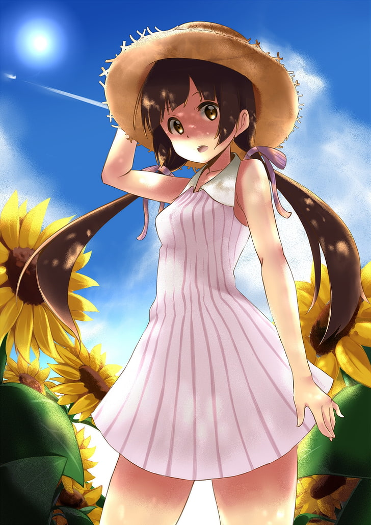 Amayadori Machi, Kuma Miko, Summer, Hat, Flowers, Anime, - HD Wallpaper 