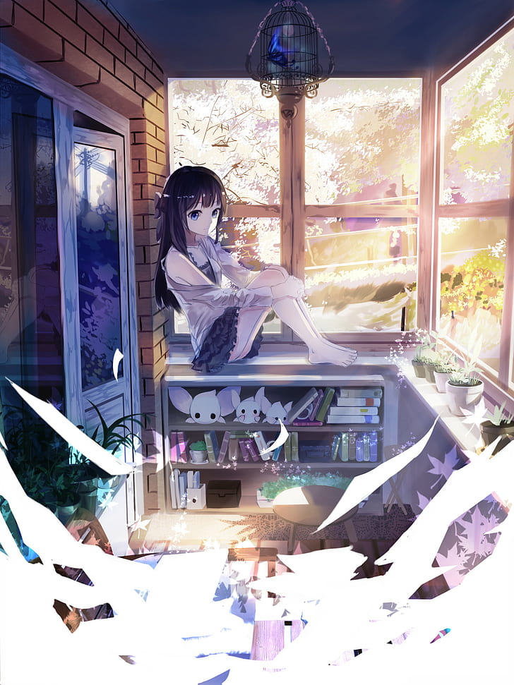 Anime Girls, Japan, Skirt, Bedroom, Original Characters, - Anime Sitting On Window - HD Wallpaper 