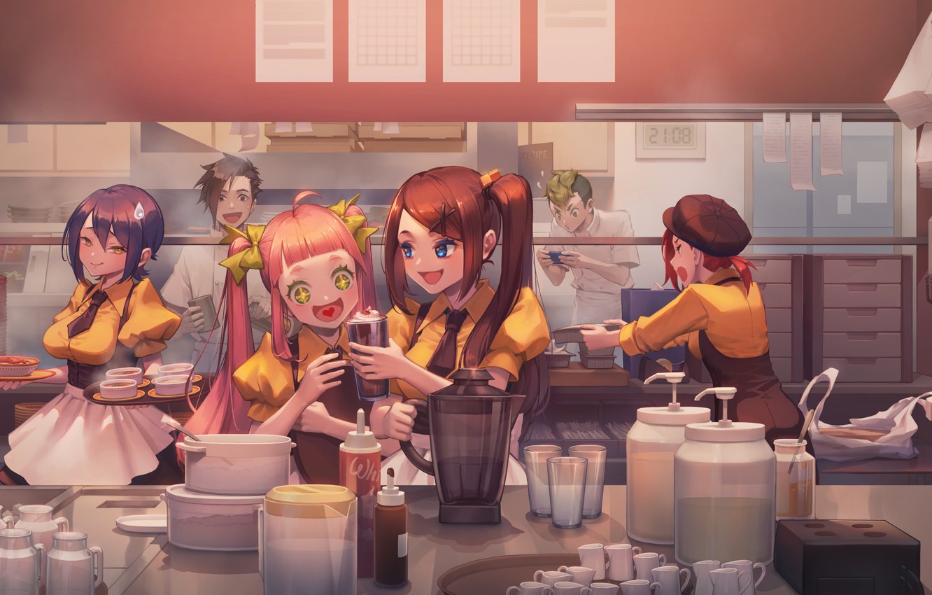 Photo Wallpaper Girls, Room, Anime, Friends - Anime Girl Working In Restaurant - HD Wallpaper 