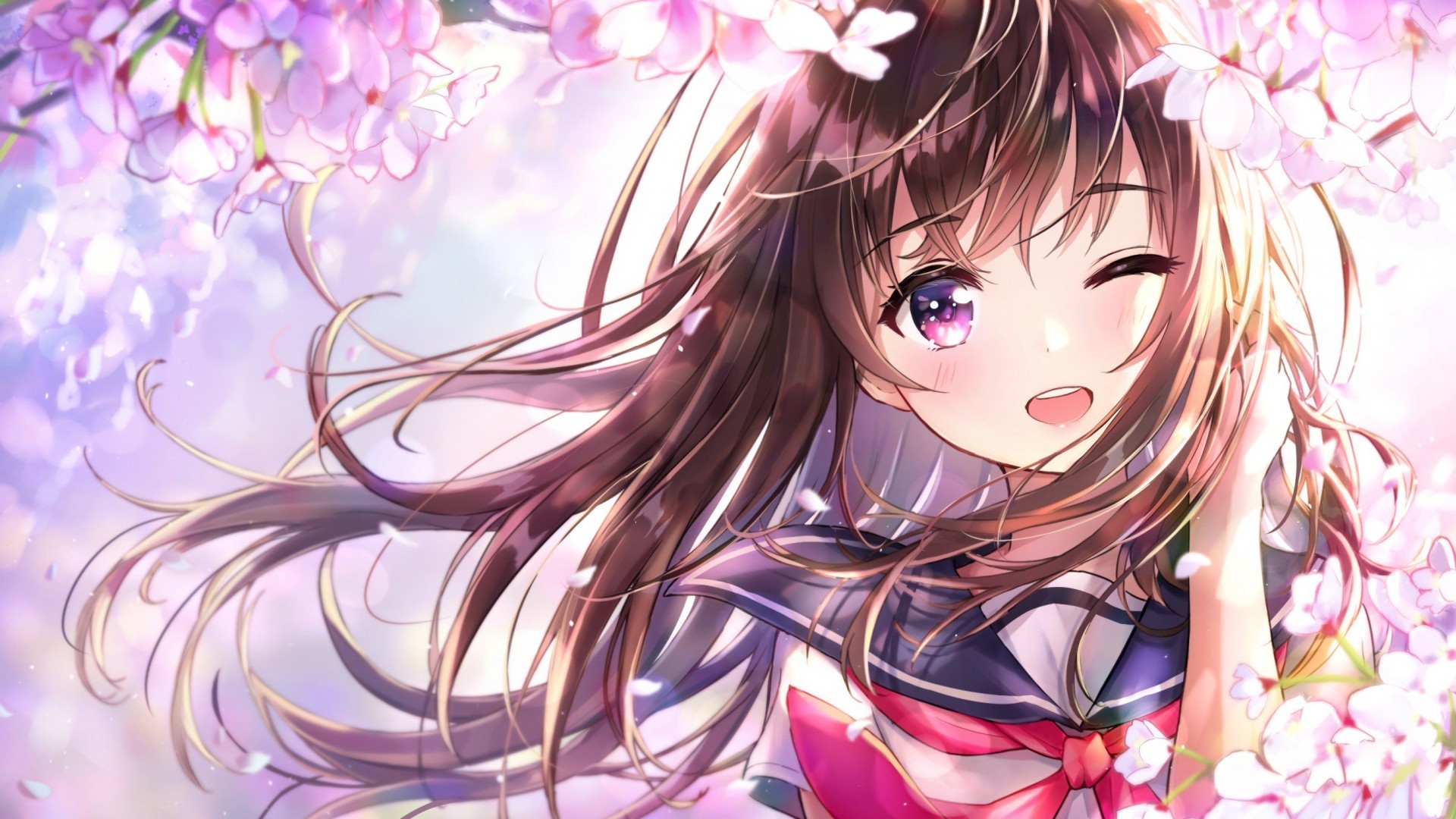 Anime Girl, Wink, Cherry Blossom, Cute, School Uniform, - Anime Girl Wallpaper Cute - HD Wallpaper 