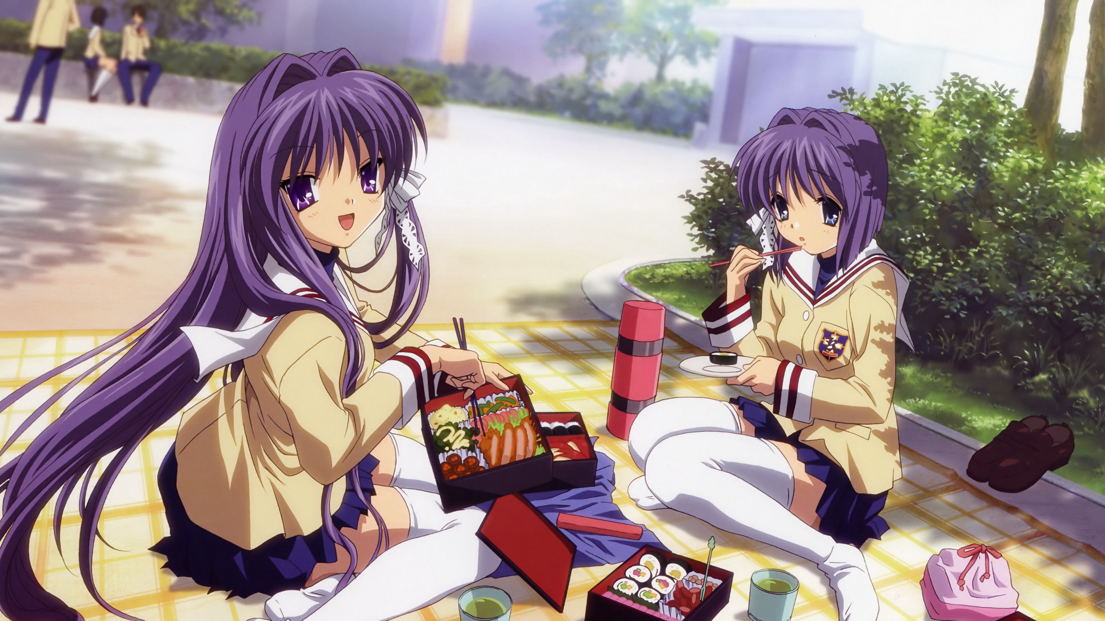 Anime Girl Spring Food Picnic 4k - Anime Two Girl Eating Food - HD Wallpaper 