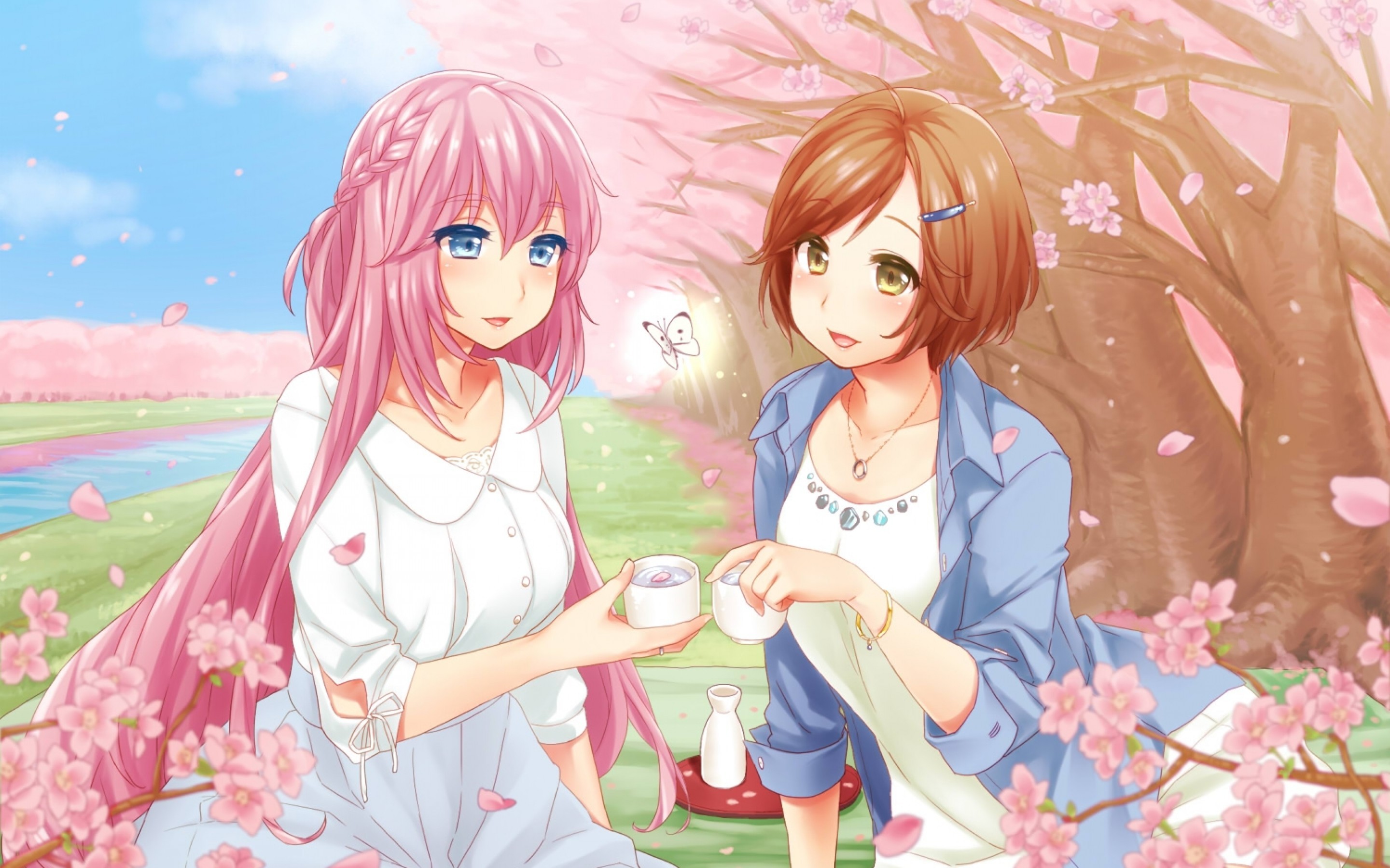 Anime Girls, Picnic, Sakura Tree, Butterfly, Pink Hair - Anime Girl Pink Hair Butterfly - HD Wallpaper 