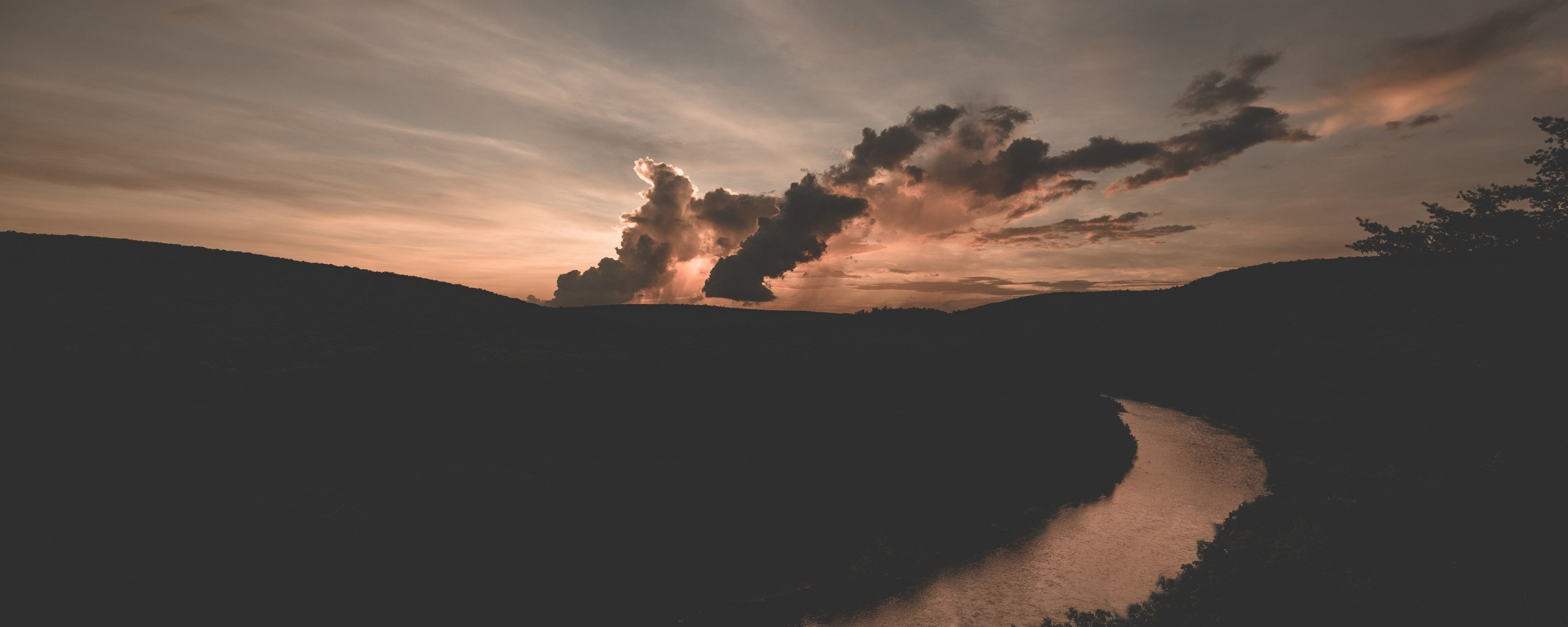 Silhouette, Dark, Sunset, River, Forest, Aerial View, - Cloud And Sunset - HD Wallpaper 