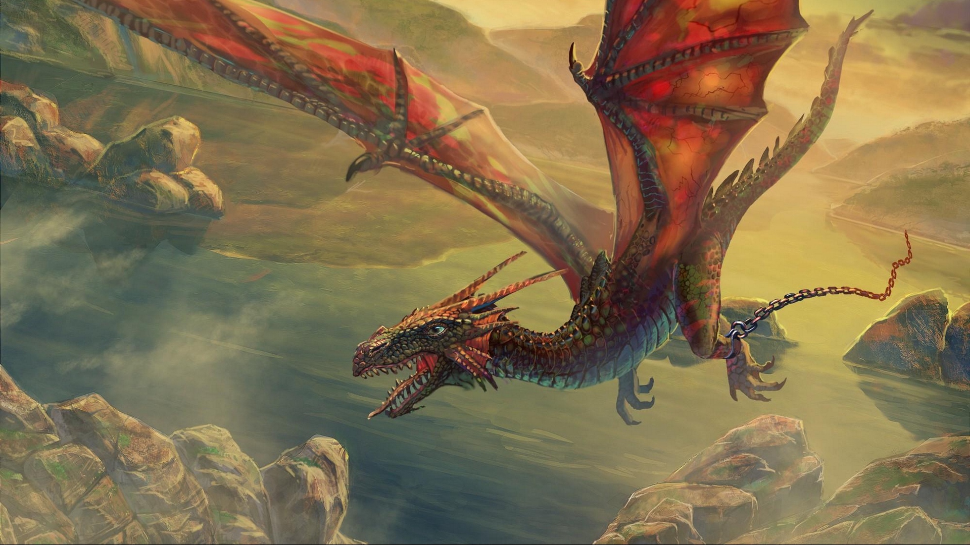 Wallpaper Dragon, Flying, Chain, Rock - Flying Dragon Wallpaper Hd - HD Wallpaper 