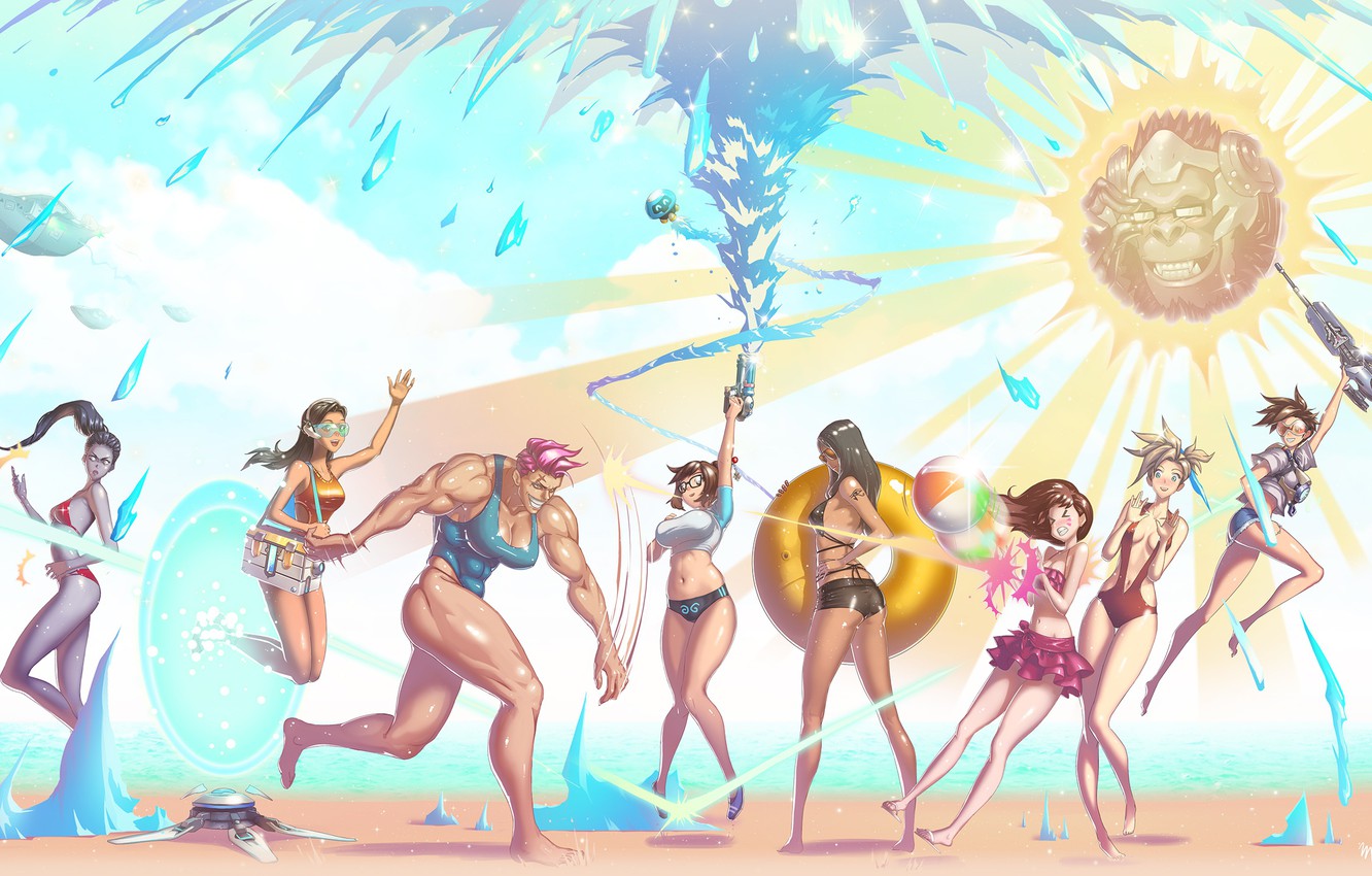 Photo Wallpaper Beach, Swimsuit, Summer, Water, Girls, - Overwatch Girls Beach - HD Wallpaper 