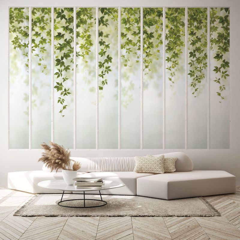 Panoramic Wallpaper White Wide Loft Windows And Virginia - Ash Colour Background Creepers - HD Wallpaper 