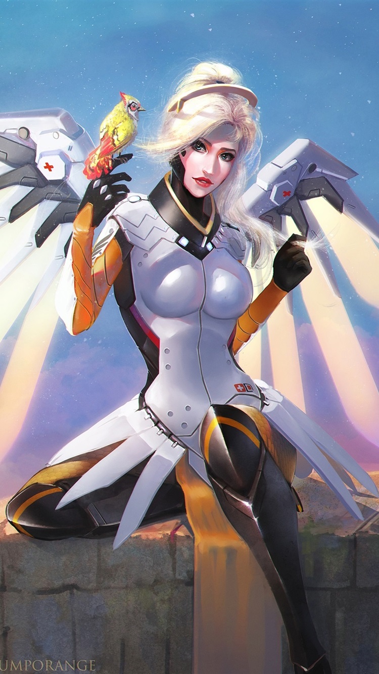 Iphone Wallpaper Mercy, Overwatch, Blizzard Game, Wings, - White Hair Female Anime Game Character - HD Wallpaper 