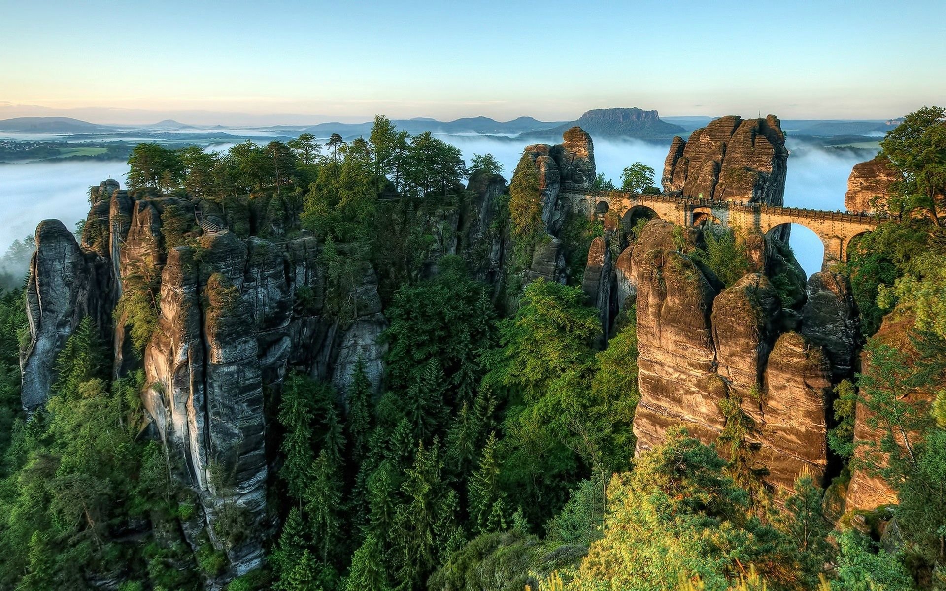 Bridge Rocks Height Wood Pine Clouds Harmony Wallpaper - Bastei Bridge In Germany - HD Wallpaper 