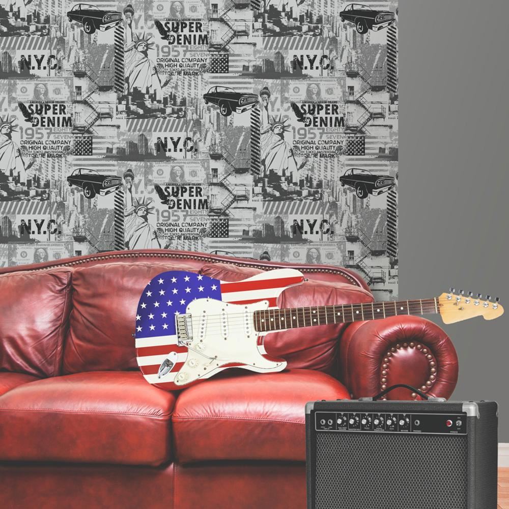 Muriva America New York Collage Pattern Wallpaper Statue - L32409 - HD Wallpaper 