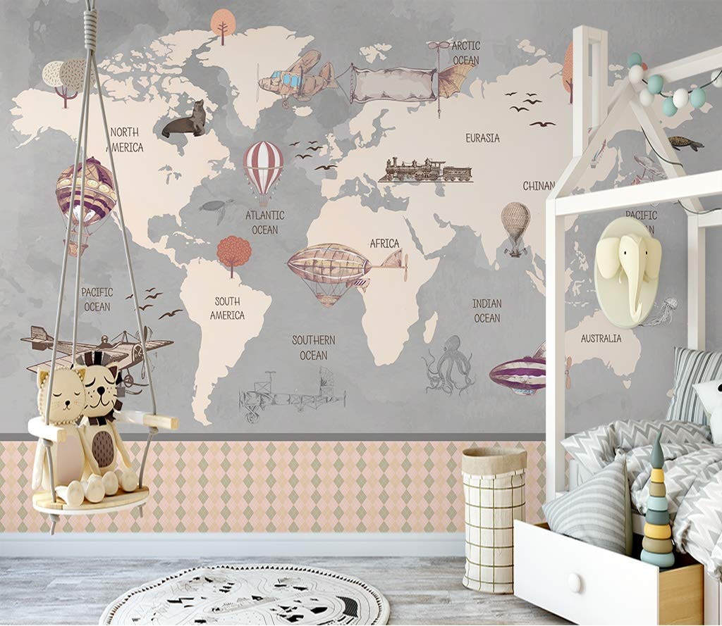 Murwall Kids World Map Wallpaper For Boys Vintage Map - World Map - HD Wallpaper 