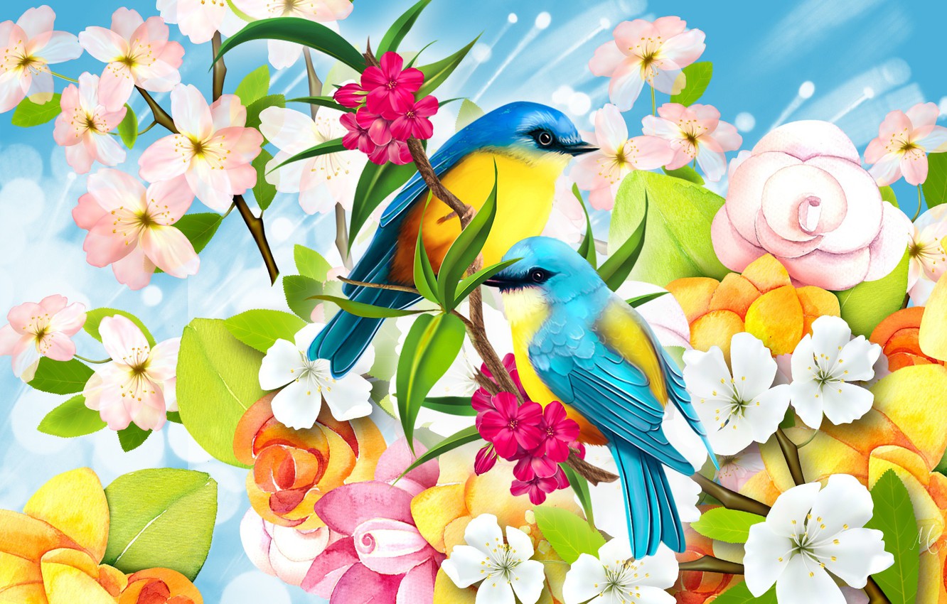 Photo Wallpaper Flowers, Figure, Birds - Birds - HD Wallpaper 