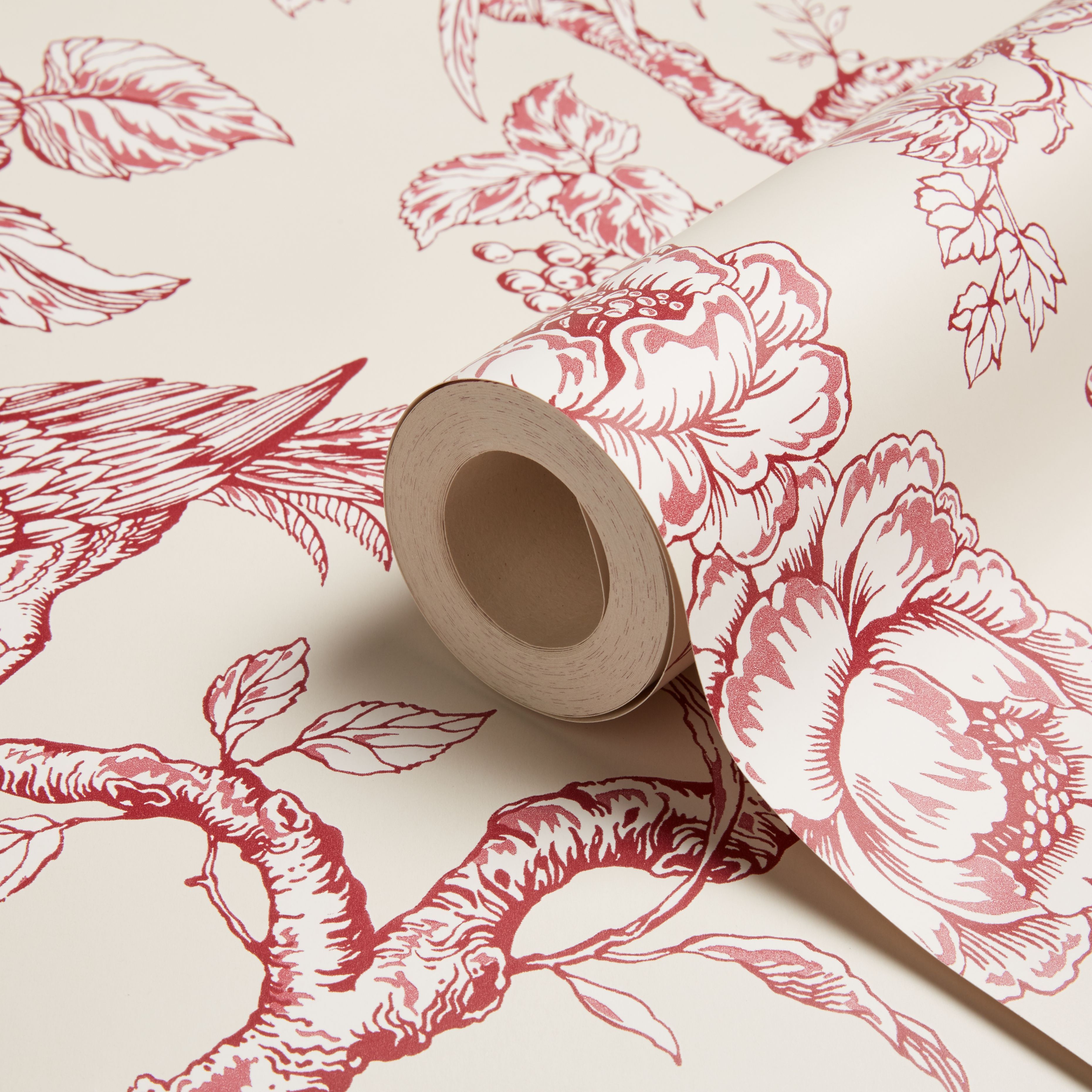 Red And Cream Wallpaper With Birds And Flowers - HD Wallpaper 