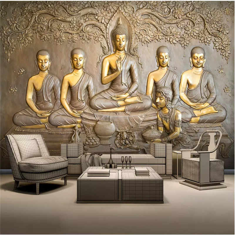 Custom Wall Paper 3d Embossed Golden Buddha Statue - 3d Buddha Wall Stickers - HD Wallpaper 