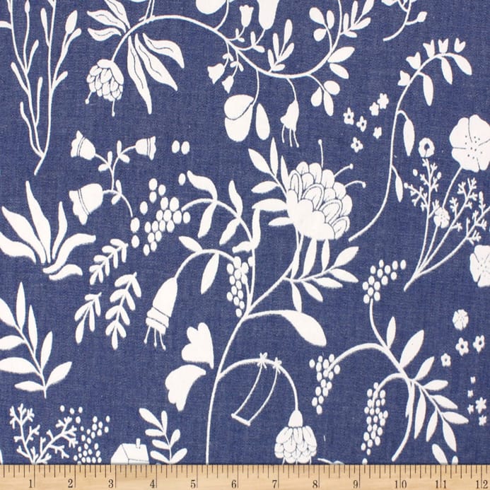 Telio Denim Cotton Print Floral Bird Blue - Textile - HD Wallpaper 
