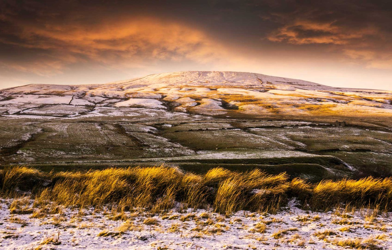 Photo Wallpaper Winter, Grass, Snow, Nature, Hill, - Snow On Brown Grass - HD Wallpaper 