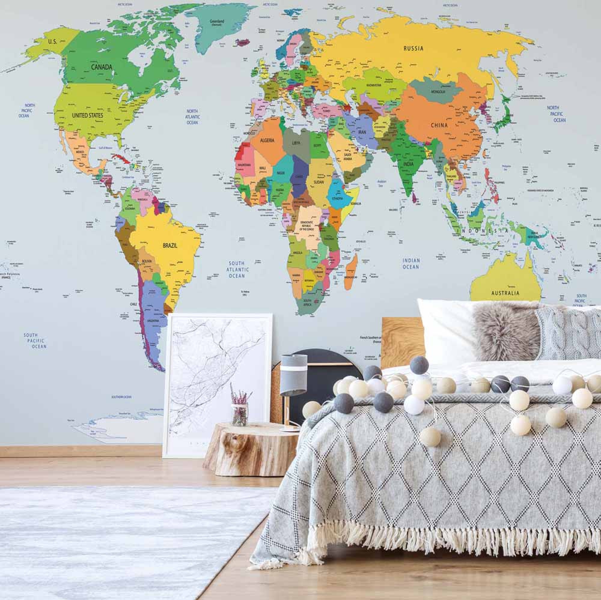 Political World Map Atlas - Mural On Bedroom Wall - HD Wallpaper 