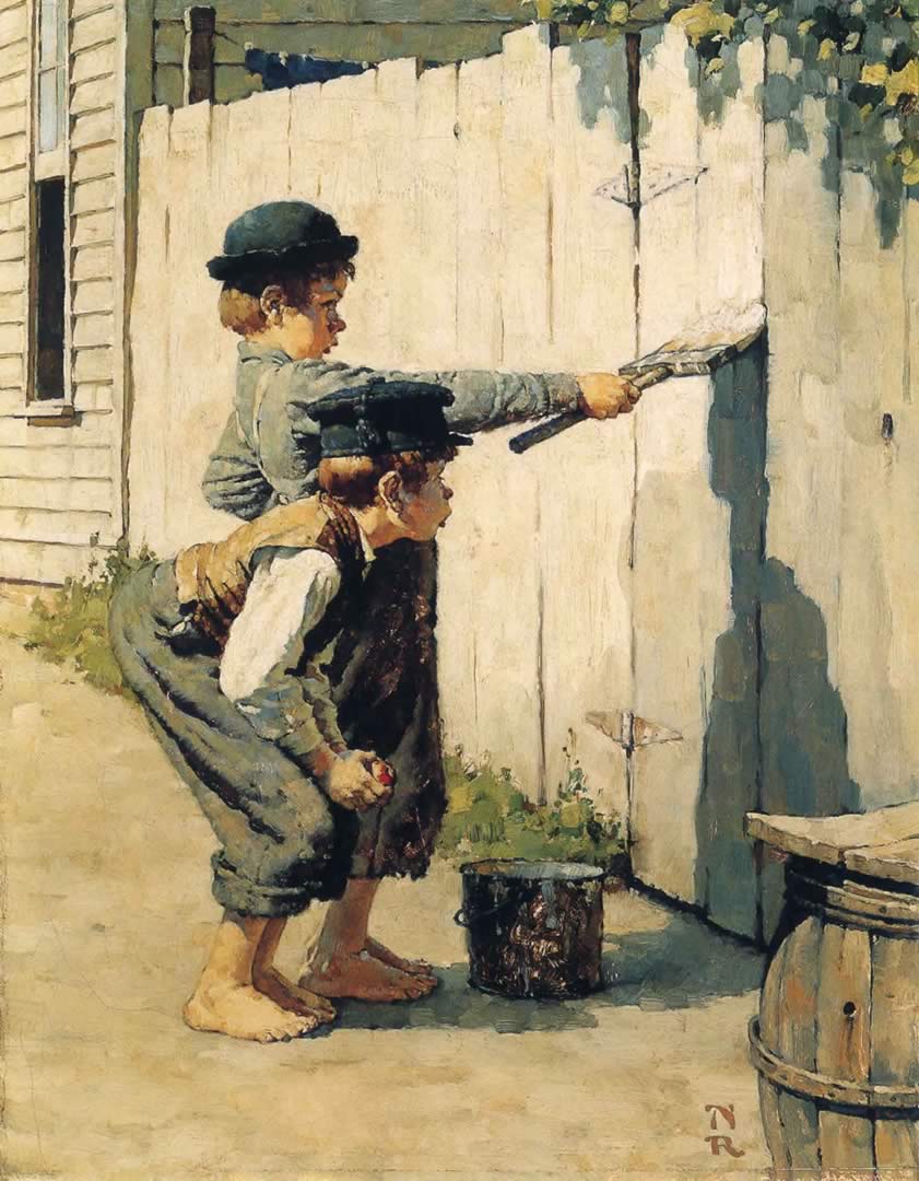 Tom Sawyer Whitewashing The Fence - Whitewashing The Fence By Norman Rockwell - HD Wallpaper 