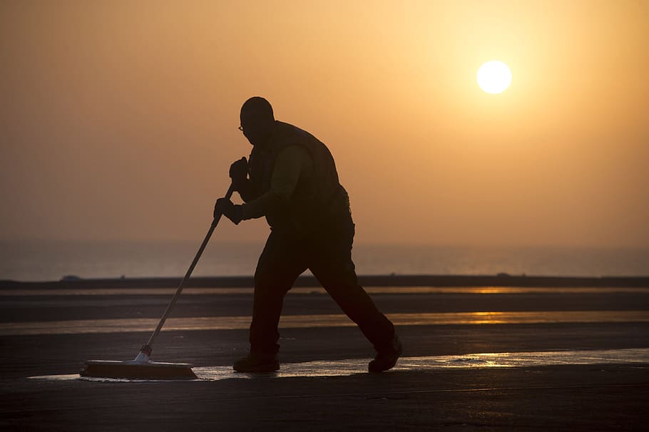 Silhouette Photography Of Man Mopping A Ground, Scrubbing, - Flight Deck - HD Wallpaper 