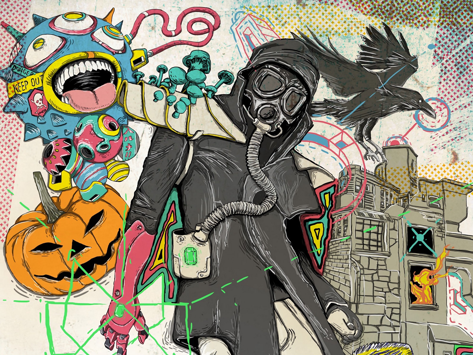 Wallpaper Gas Mask, Man, Art, Crow, Lotus, Fish, Dreams, - Gas Mask Man Cartoon - HD Wallpaper 